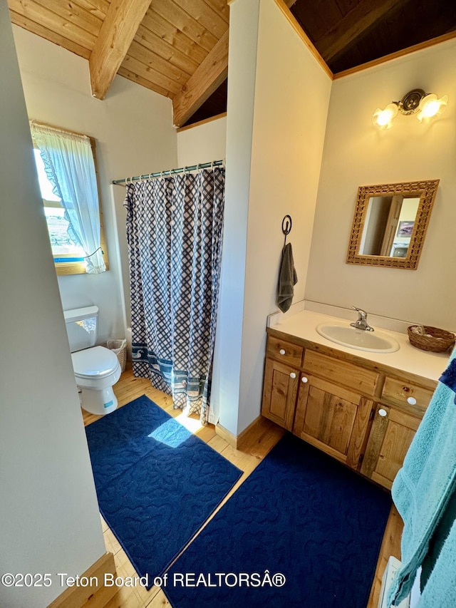 109 E Fontenelle Dr, Daniel, WY 83115 - bathroom with a wood ceiling with exposed beams, vanity, and a shower with curtain