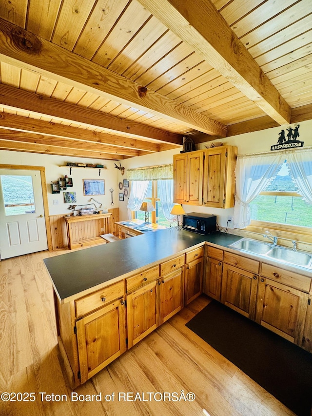 109 E Fontenelle Dr, Daniel, WY 83115 - kitchen with a peninsula, black microwave, light wood-type flooring, a wood ceiling with exposed beams, and brown cabinetry