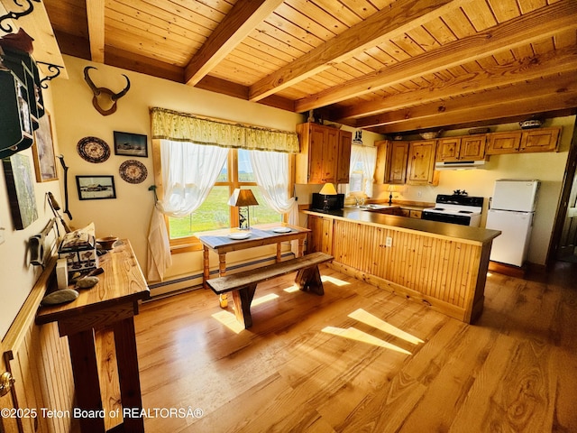 109 E Fontenelle Dr, Daniel, WY 83115 - kitchen with white appliances, under cabinet range hood, a wood ceiling with exposed beams, brown cabinets, and light wood-style flooring