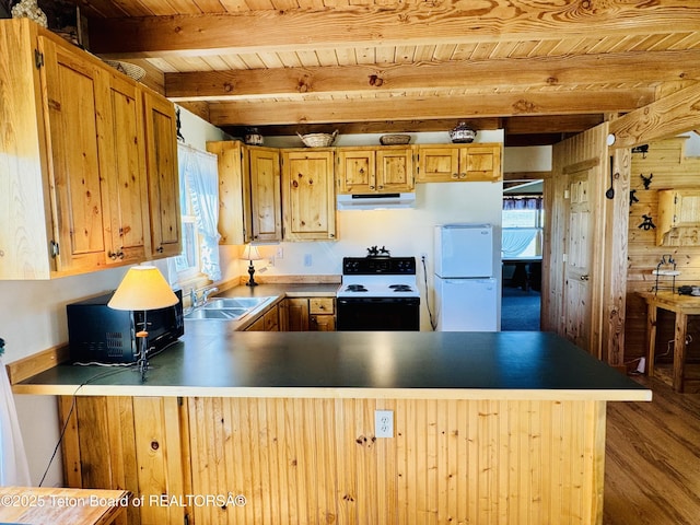 109 E Fontenelle Dr, Daniel, WY 83115 - kitchen with white appliances, under cabinet range hood, a wooden ceiling with exposed beams, a peninsula, and wood finished floors