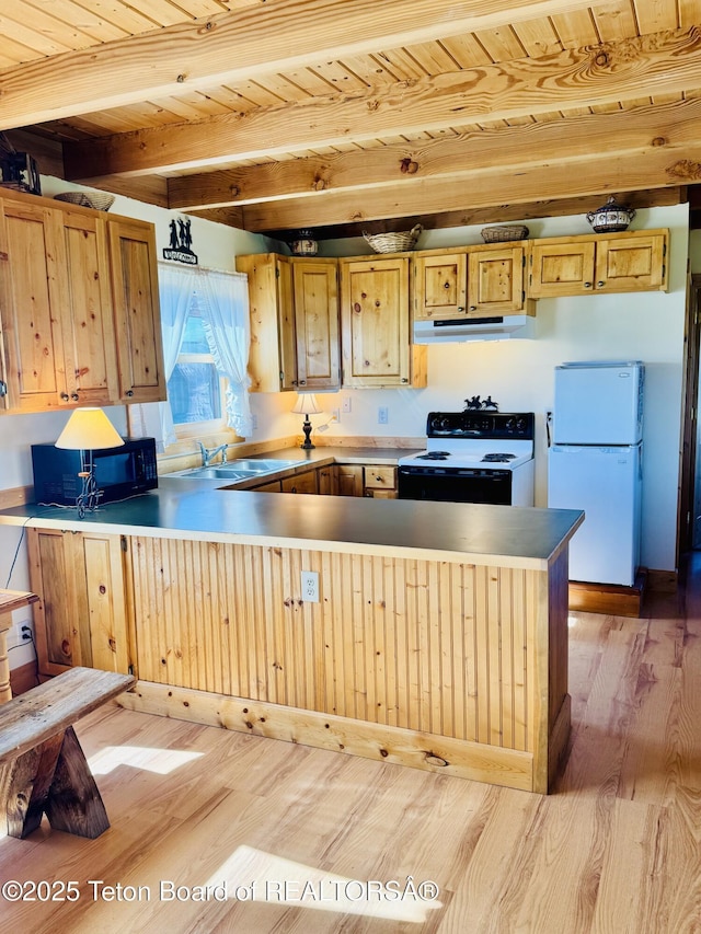 109 E Fontenelle Dr, Daniel, WY 83115 - kitchen with black appliances, under cabinet range hood, a wood ceiling with exposed beams, light wood finished floors, and a peninsula