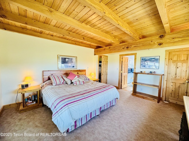 109 E Fontenelle Dr, Daniel, WY 83115 - carpeted bedroom with a wooden ceiling with exposed beams and baseboards