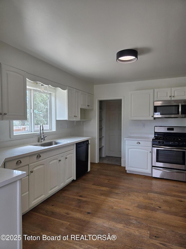6270 S 3rd St, Tetonia, ID 83452 - kitchen with stainless steel appliances, white cabinetry, dark wood-style floors, and light countertops