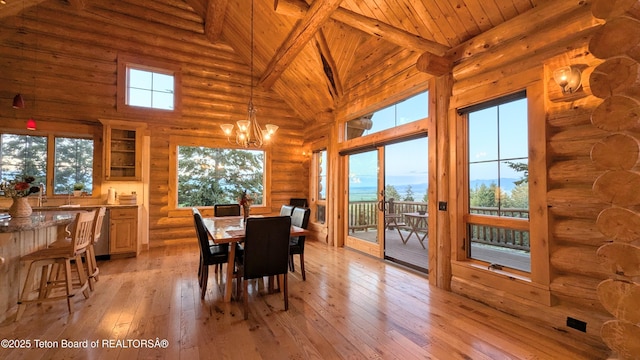 8157 Ripplinger Rd, Driggs, ID 83422 - dining area featuring a wood ceiling with exposed beams, light wood-type flooring, high vaulted ceiling, a chandelier, and rustic walls