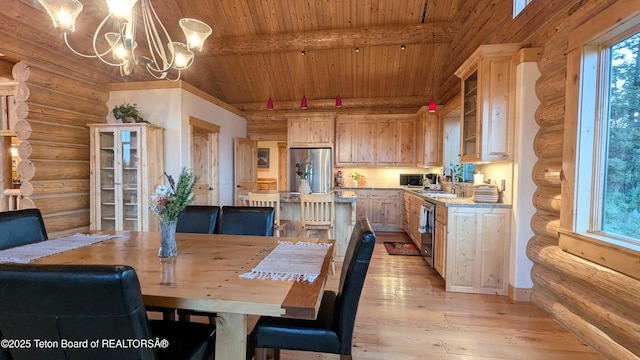 8157 Ripplinger Rd, Driggs, ID 83422 - dining room featuring rustic walls, wooden ceiling, a chandelier, light wood-type flooring, and healthy amount of natural light
