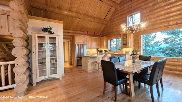 8157 Ripplinger Rd, Driggs, ID 83422 - dining space featuring high vaulted ceiling, light wood-type flooring, a wood ceiling with exposed beams, and a chandelier