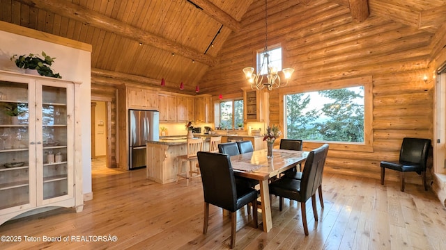 8157 Ripplinger Rd, Driggs, ID 83422 - dining space featuring a wood ceiling with exposed beams, high vaulted ceiling, light wood finished floors, a chandelier, and log walls