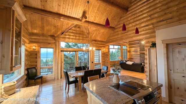 8157 Ripplinger Rd, Driggs, ID 83422 - dining room featuring log walls, a wood ceiling with exposed beams, light wood-type flooring, and high vaulted ceiling