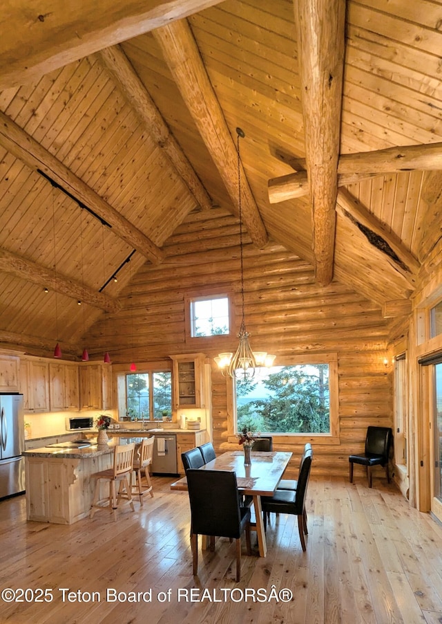 8157 Ripplinger Rd, Driggs, ID 83422 - dining area with a wood ceiling with exposed beams, high vaulted ceiling, light wood finished floors, log walls, and healthy amount of natural light