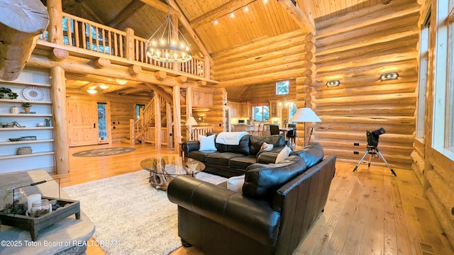 8157 Ripplinger Rd, Driggs, ID 83422 - living area with log walls, a wooden ceiling with exposed beams, high vaulted ceiling, hardwood / wood-style floors, and a chandelier