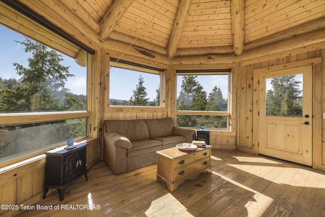 8157 Ripplinger Rd, Driggs, ID 83422 - sunroom featuring plenty of natural light and a wood stove
