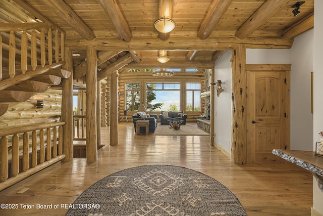 8157 Ripplinger Rd, Driggs, ID 83422 - hall with wood-type flooring, a wood ceiling with exposed beams, and log walls