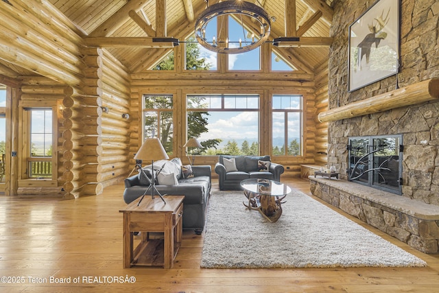 8157 Ripplinger Rd, Driggs, ID 83422 - living area featuring high vaulted ceiling, wood-type flooring, a wood ceiling with exposed beams, rustic walls, and healthy amount of natural light