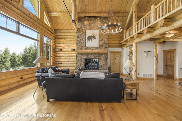 8157 Ripplinger Rd, Driggs, ID 83422 - living room with rustic walls, a wooden ceiling with exposed beams, high vaulted ceiling, a chandelier, and wood-type flooring