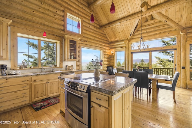 8157 Ripplinger Rd, Driggs, ID 83422 - kitchen with electric stove, light brown cabinets, high vaulted ceiling, a wooden ceiling with exposed beams, and light wood-style floors