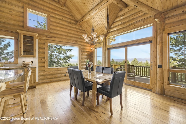 8157 Ripplinger Rd, Driggs, ID 83422 - dining space with high vaulted ceiling, a chandelier, rustic walls, light wood-style flooring, and a wood ceiling with exposed beams
