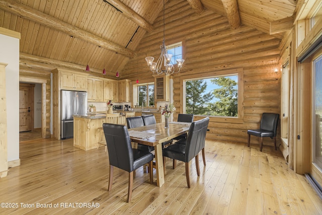 8157 Ripplinger Rd, Driggs, ID 83422 - dining room with a chandelier, high vaulted ceiling, a wooden ceiling with exposed beams, light wood-style floors, and log walls