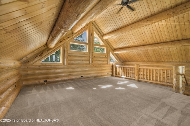 8157 Ripplinger Rd, Driggs, ID 83422 - additional living space featuring log walls, wood ceiling, carpet floors, and a ceiling fan
