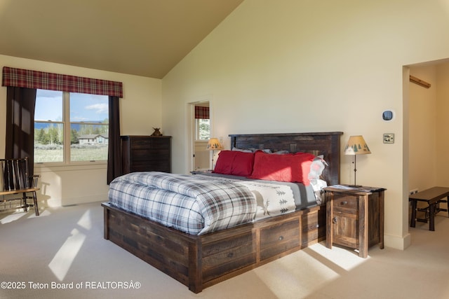 6790 N Timothy Rd, Jackson, WY 83001 - carpeted bedroom with baseboards and high vaulted ceiling
