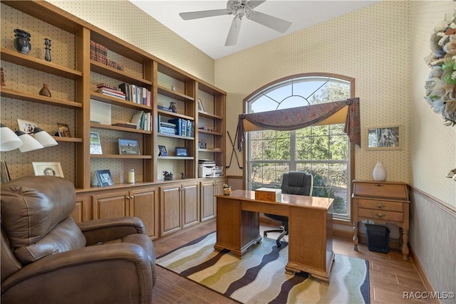 office space with ceiling fan and light wood-type flooring