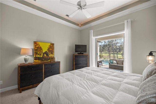 carpeted bedroom featuring access to outside, ornamental molding, and ceiling fan