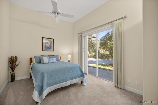 bedroom with light carpet, access to exterior, and ceiling fan