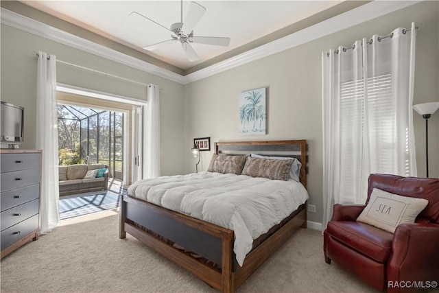 bedroom with crown molding, access to outside, light colored carpet, and ceiling fan