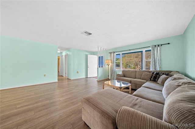 living room featuring hardwood / wood-style floors and a textured ceiling