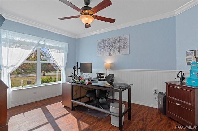 office area featuring dark hardwood / wood-style floors, ceiling fan, and ornamental molding