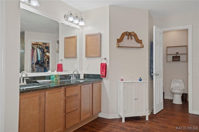 bathroom featuring toilet, vanity, and hardwood / wood-style flooring