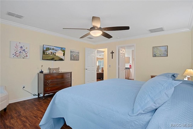 bedroom with ceiling fan, dark hardwood / wood-style flooring, and ornamental molding