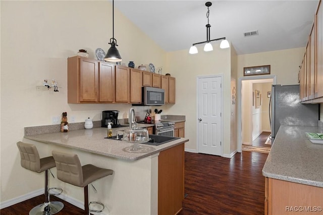 kitchen with pendant lighting, dark hardwood / wood-style floors, kitchen peninsula, and stainless steel appliances