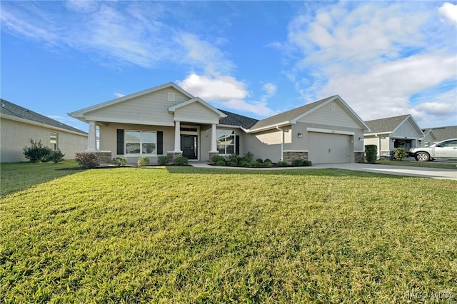 5826 SW 83rd Ln, Ocala, FL 34476 - craftsman-style house with a front yard, a garage, driveway, stone siding, and stucco siding