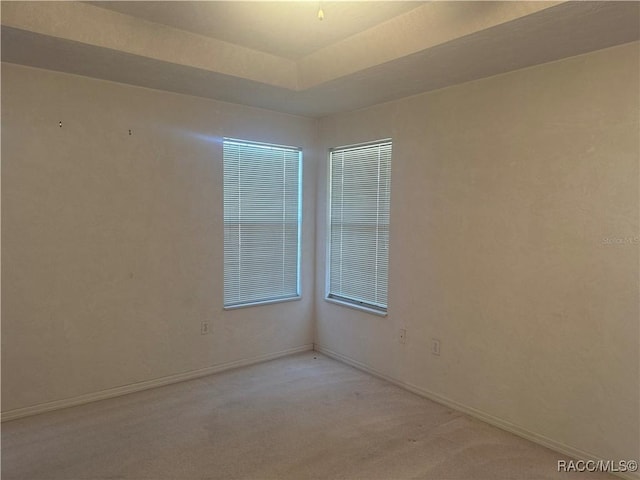 carpeted spare room featuring a tray ceiling