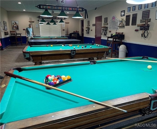 recreation room with pool table, carpet flooring, and a paneled ceiling