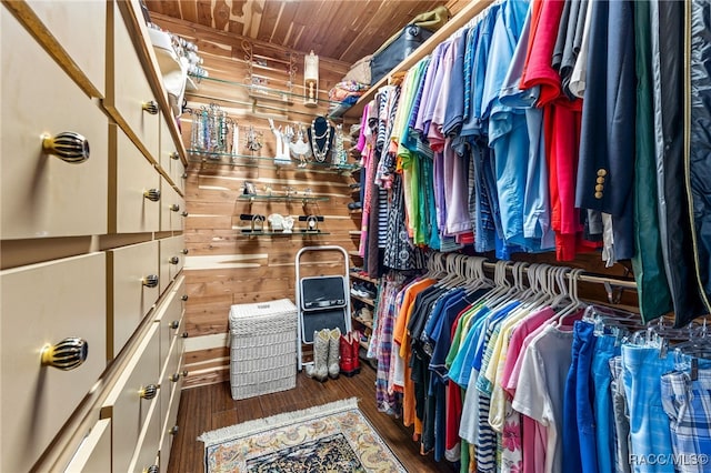 spacious closet featuring dark hardwood / wood-style flooring