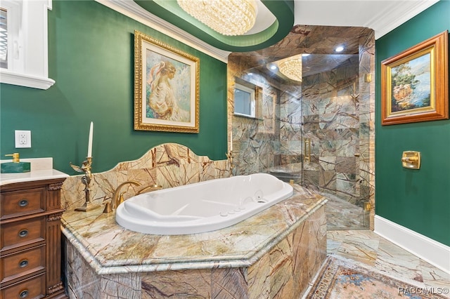 bathroom featuring vanity, independent shower and bath, and ornamental molding