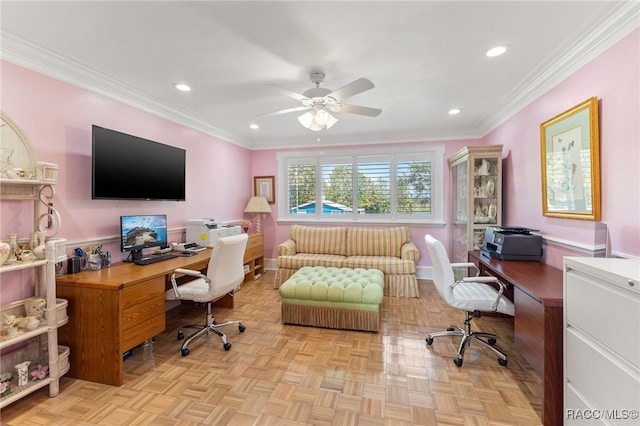 office space with ceiling fan, ornamental molding, and light parquet floors