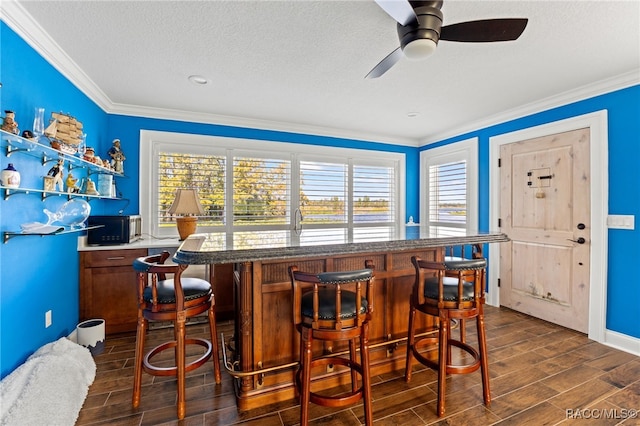 bar with a textured ceiling, dark hardwood / wood-style floors, crown molding, and a healthy amount of sunlight