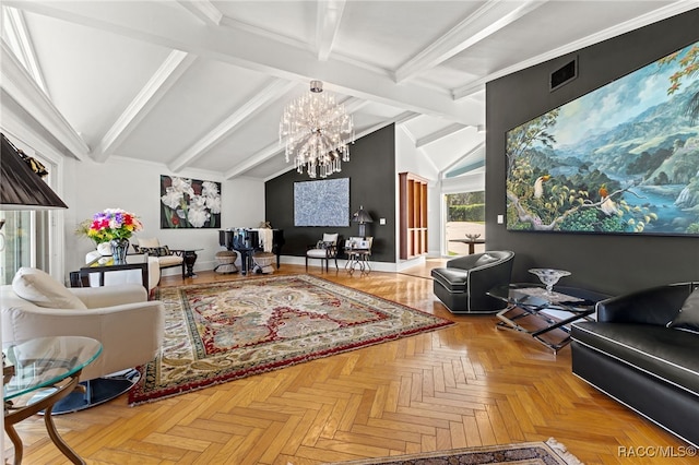 living room with vaulted ceiling with beams, a chandelier, and light parquet floors