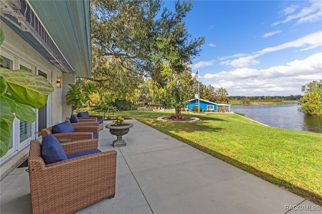 view of patio featuring a water view