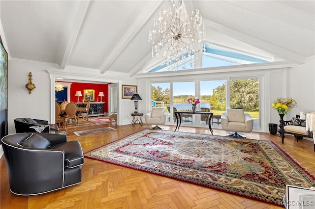 living room with a chandelier, vaulted ceiling with beams, light parquet floors, and ornamental molding