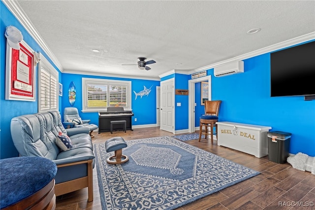 living room with crown molding, hardwood / wood-style flooring, ceiling fan, a textured ceiling, and a wall unit AC