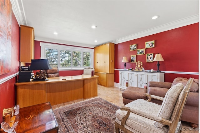 office with crown molding and light parquet flooring