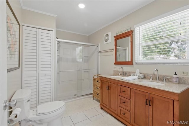 42 Magnolia Ave, Yankeetown, FL 34498 - full bathroom featuring a stall shower, double vanity, tile patterned floors, toilet, and crown molding