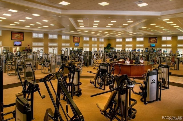 gym with ornamental molding and light colored carpet