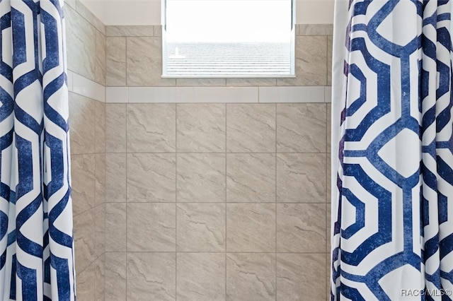 bathroom with a shower with shower curtain