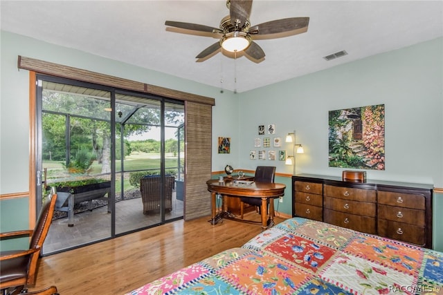 bedroom with access to exterior, ceiling fan, and light hardwood / wood-style floors