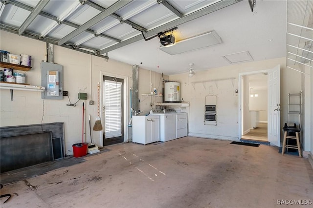 garage with separate washer and dryer, electric water heater, electric panel, heating unit, and a garage door opener