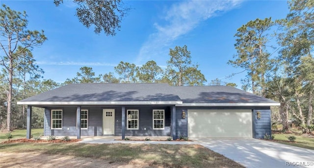 ranch-style house featuring a garage and a porch